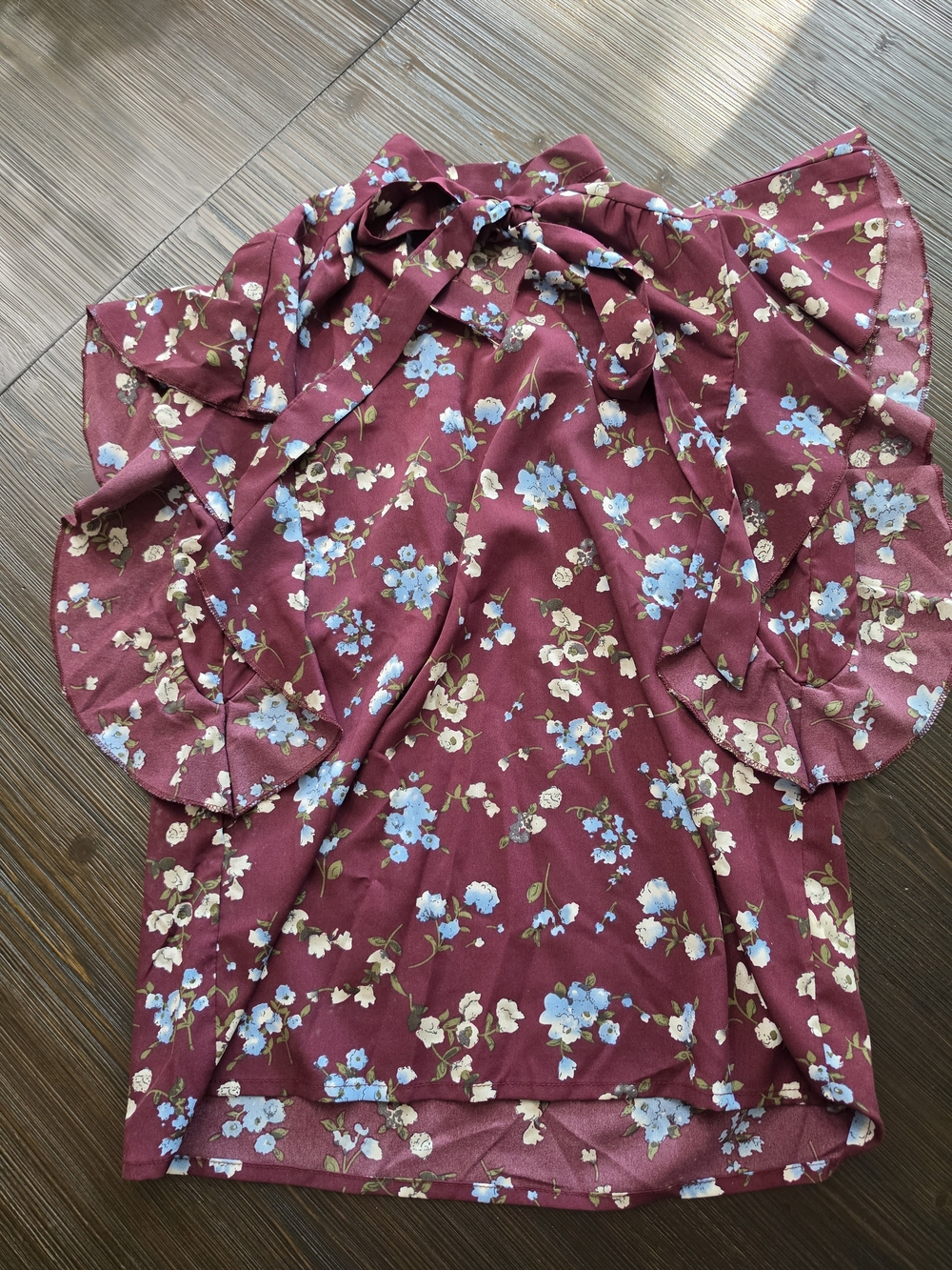 Women’s Floral Ruffle Blouse - Burgundy with Blue Flowers